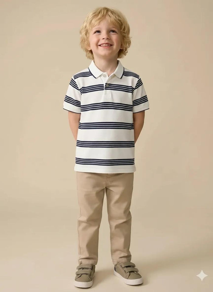Boys White Striped Polo Collar T-shirt