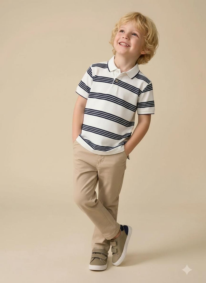 Boys White Striped Polo Collar T-shirt