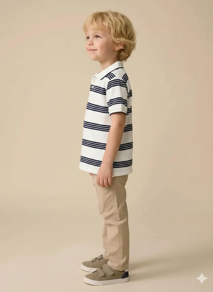 Boys White Striped Polo Collar T-shirt