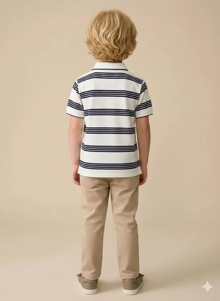 Boys White Striped Polo Collar T-shirt