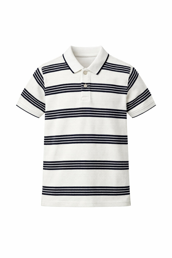 Boys White Striped Polo Collar T-shirt