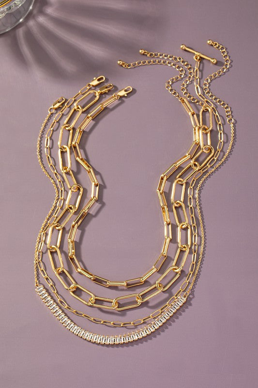 *Britney Gold Necklaces Set with Mixed Chains and Rhinestones