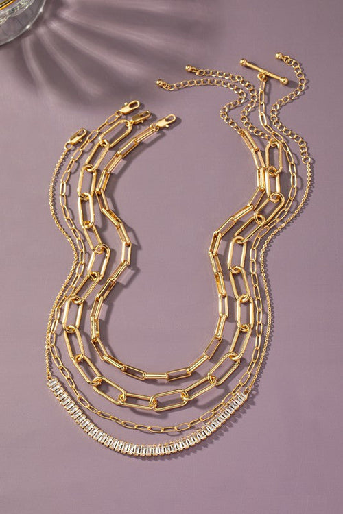 *Britney Gold Necklaces Set with Mixed Chains and Rhinestones