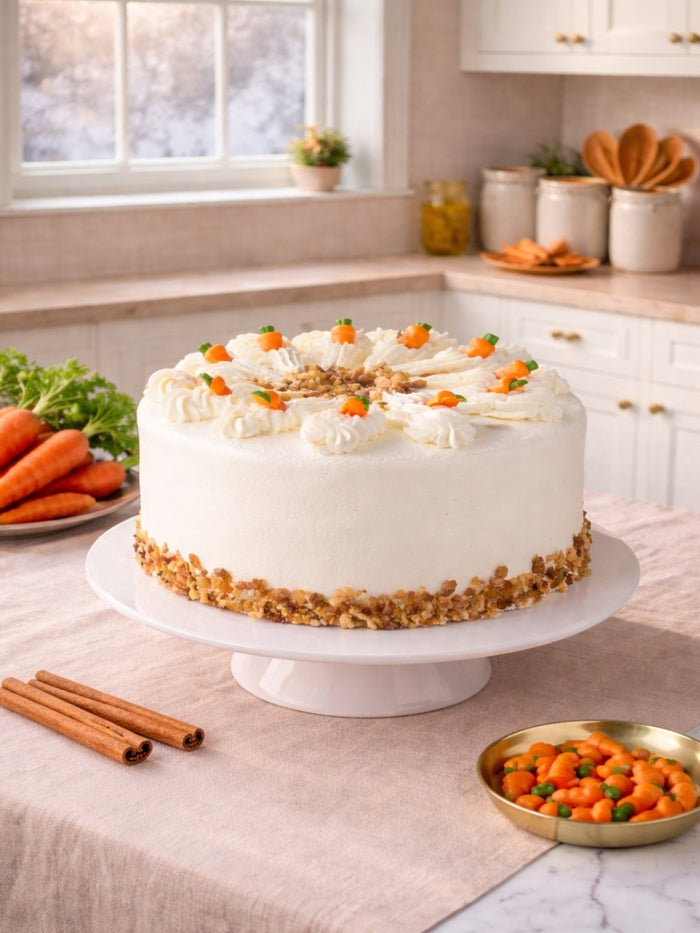 Carrot Cake in cream cheese frosting on a kitchen table with fresh carrots and cinnamon