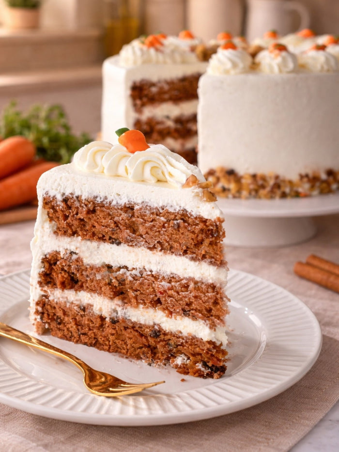 Slice of carrot cake showing three spiced sponge layers with cream cheese frosting