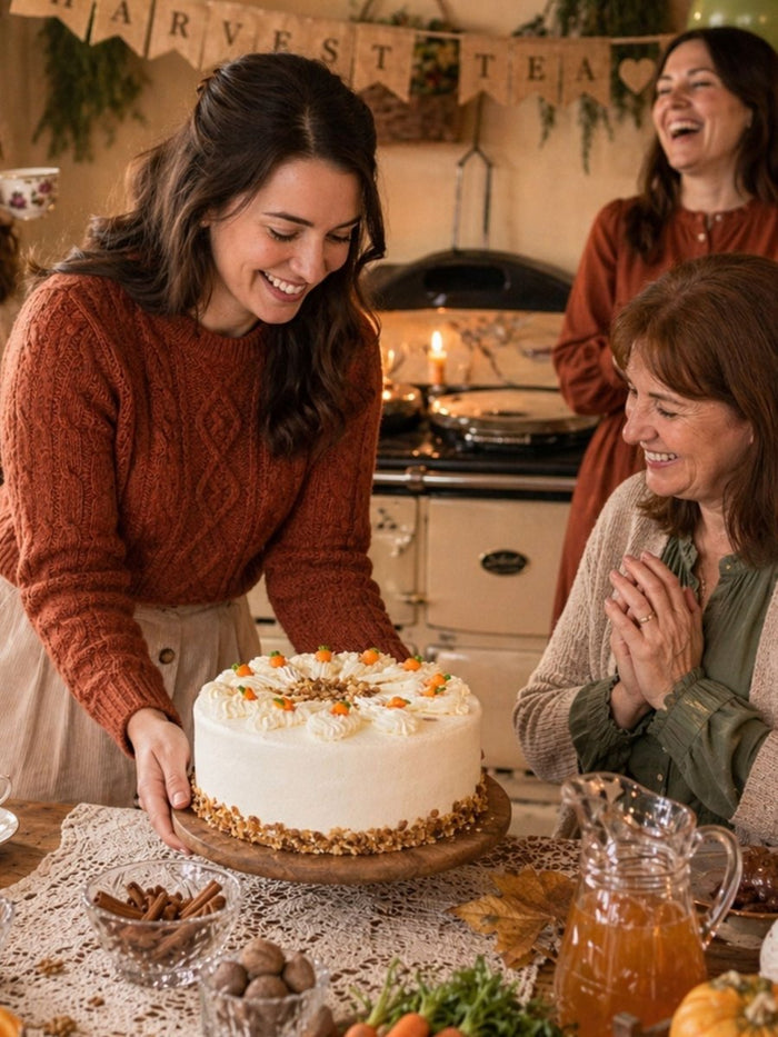 Carrot cake being set down on a harvest tea table as the family gathers round
