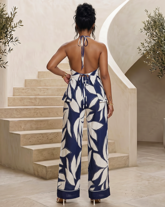 Cazaria Navy White Leaf Top & Pants Set