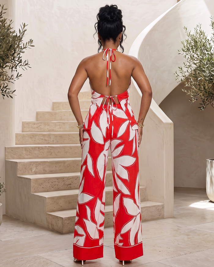 Cazaria Red White Leaf Top & Pants Set