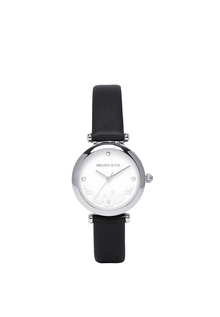 Cece Fleur Analog Leather Strap Watch (Black)