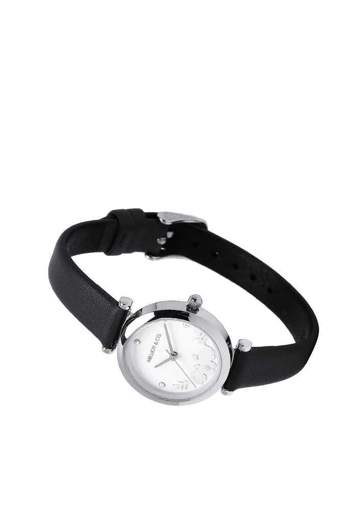 Cece Fleur Analog Leather Strap Watch (Black)