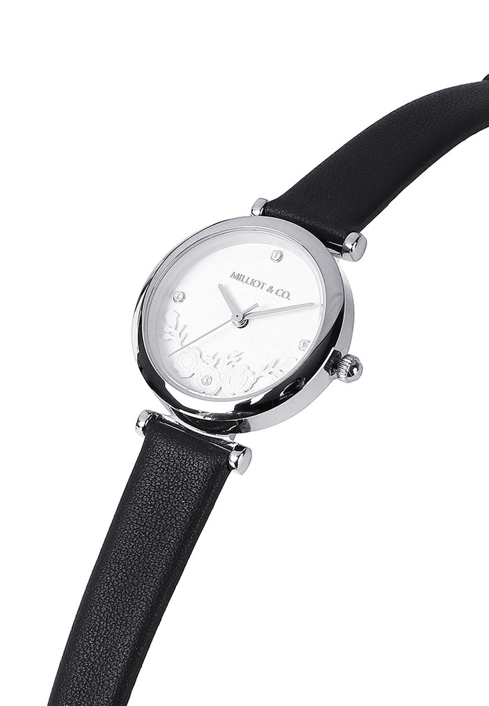 Cece Fleur Analog Leather Strap Watch (Black)