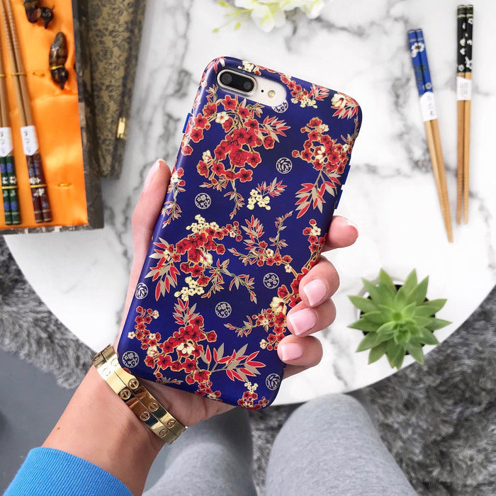 Cherry Blossom Floral Chrome iPhone Case – Chic Designer-Style Phone Cover