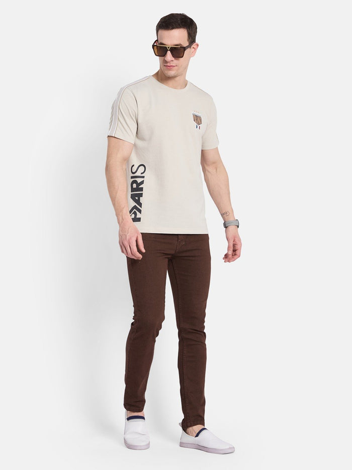 CHEST PRINT ROUND NECK POPCORN KNIT  T-SHIRT