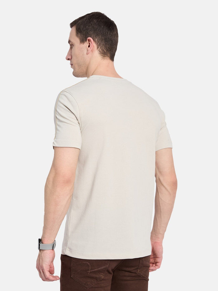 CHEST PRINT ROUND NECK POPCORN KNIT  T-SHIRT