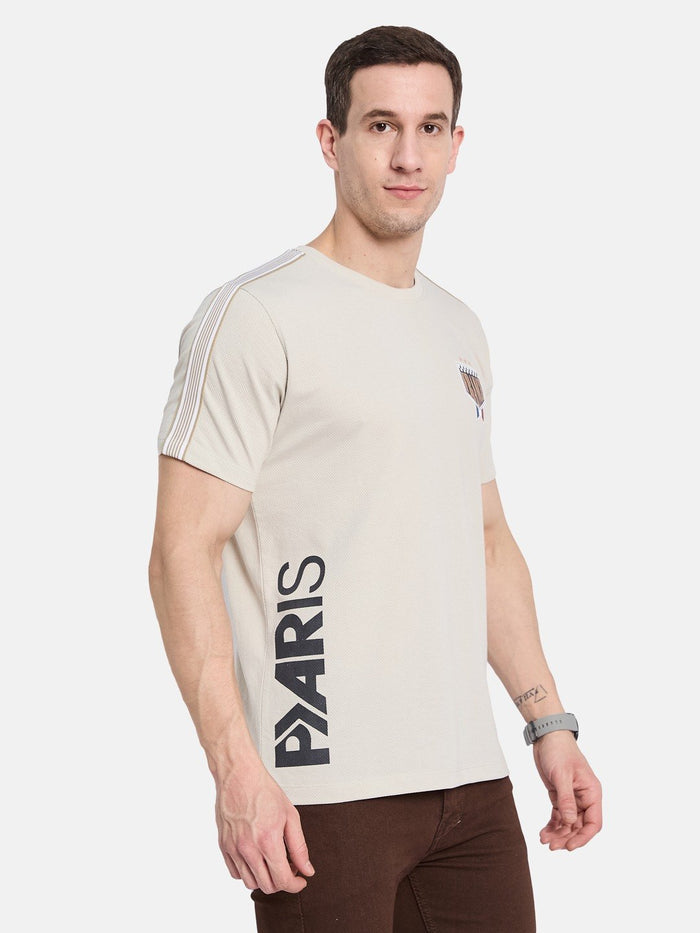 CHEST PRINT ROUND NECK POPCORN KNIT  T-SHIRT