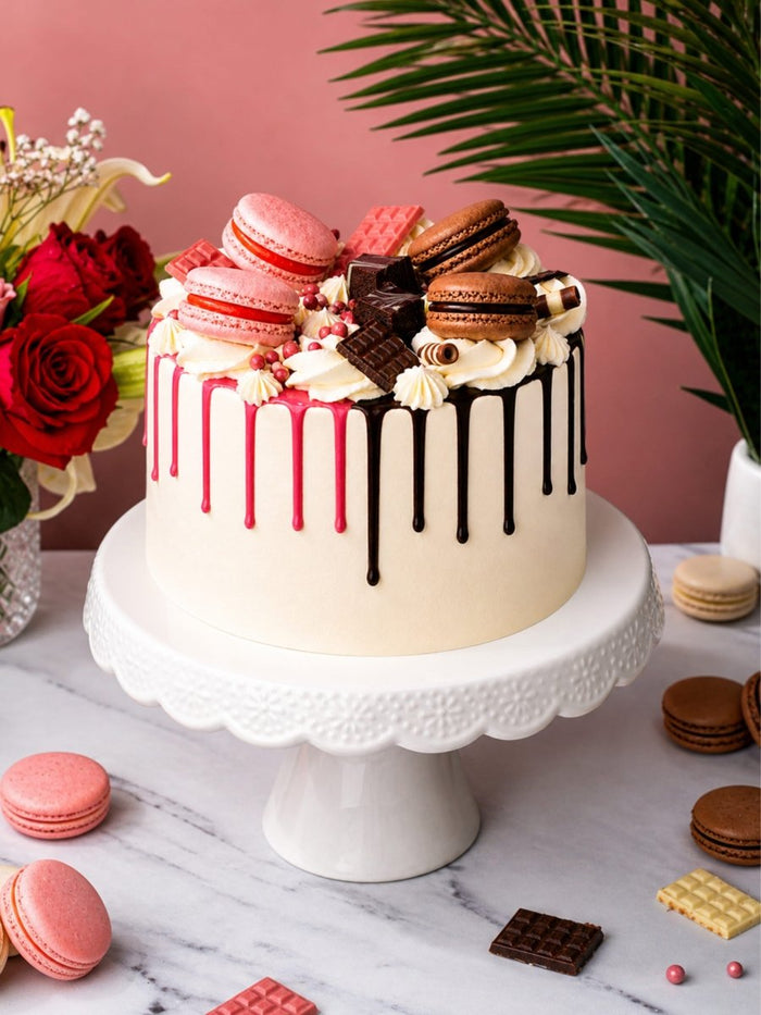 Chocolate and Blush Pink Half and Half Drip Cake with raspberry and chocolate drips down each side