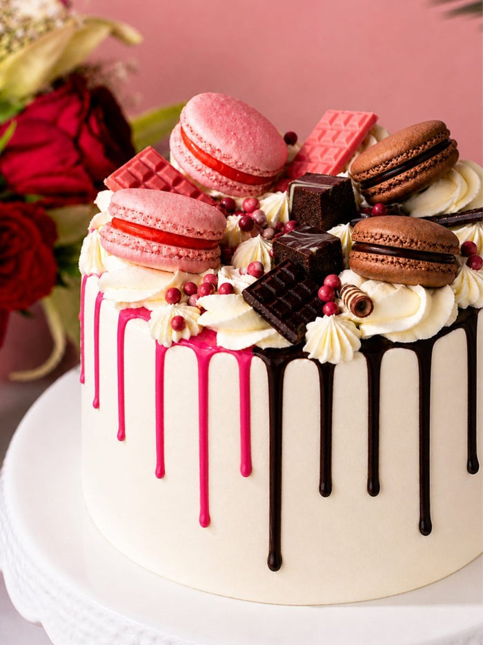 Close view of the macarons and chocolate pieces on the half chocolate, half pink drip cake