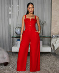 Clarisse Red Gold Buttons Woven Jumpsuit