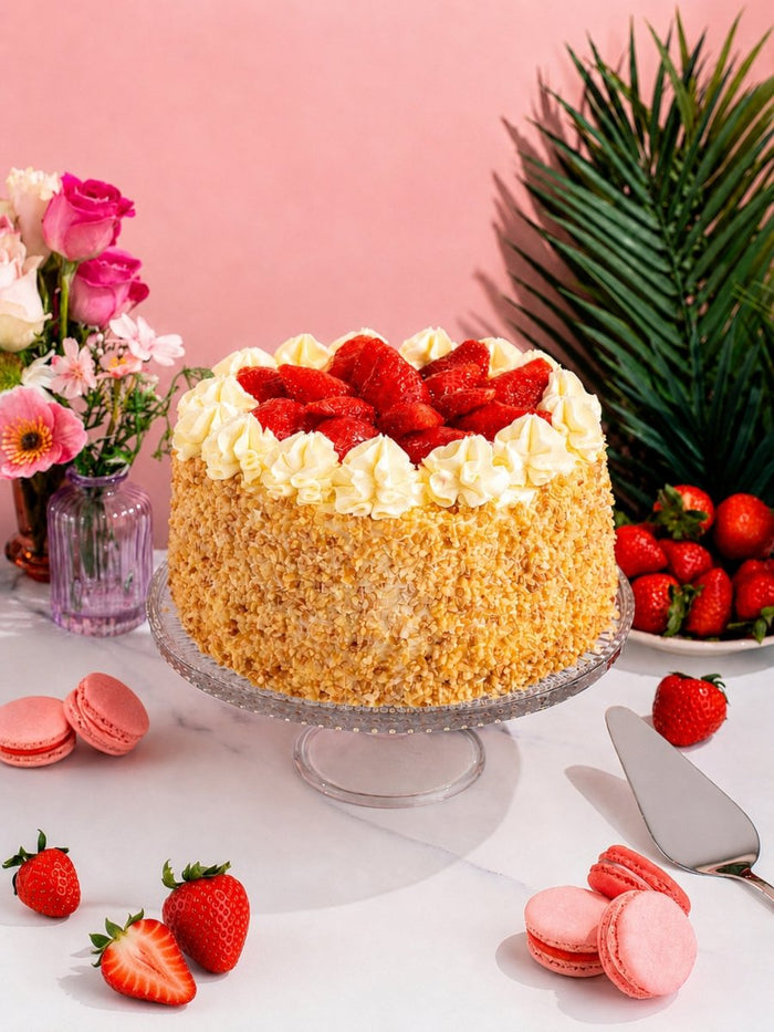 Classic Strawberry Gateau topped with fresh strawberries and cream, its sides coated in toasted crumb
