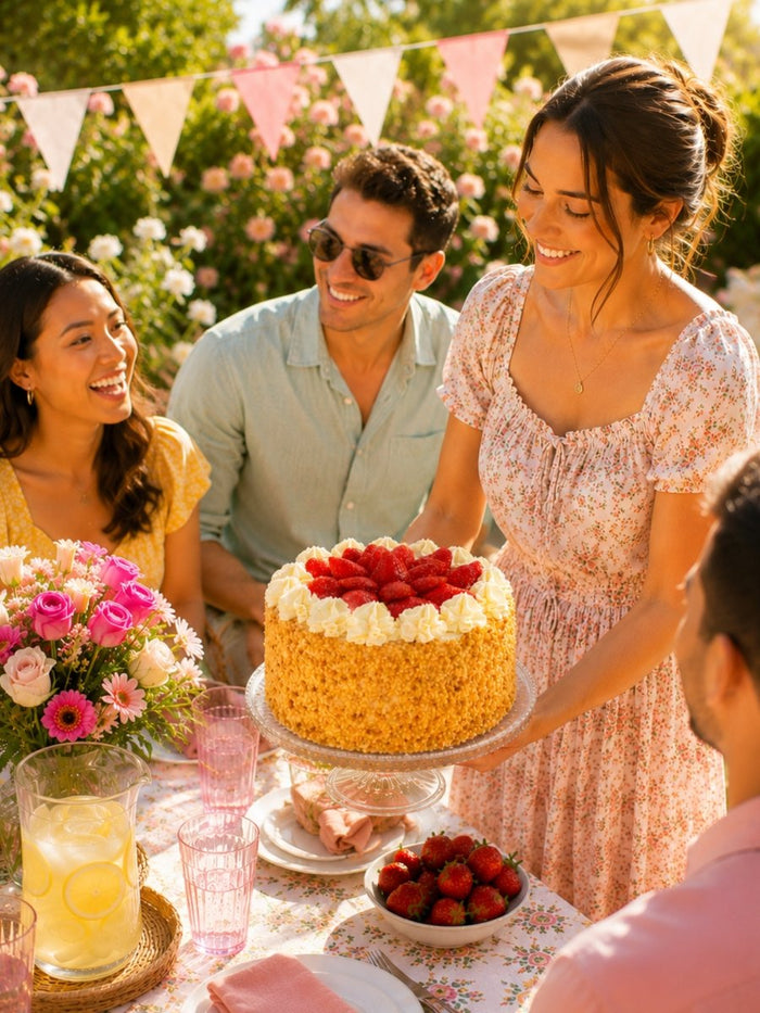 Friends at a summer garden table as a strawberry gateau is set down for a celebration