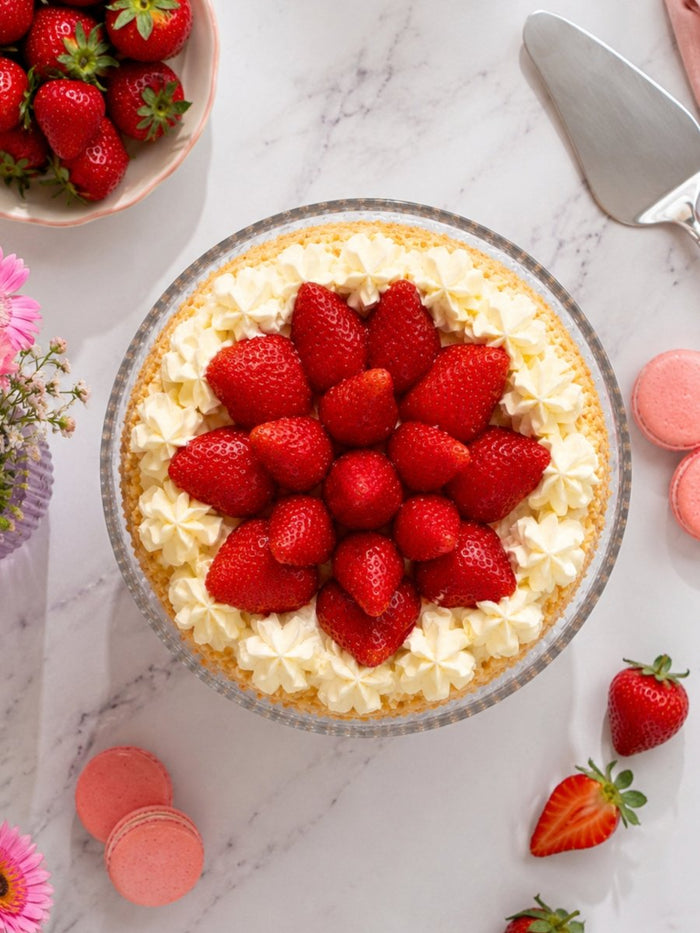 Overhead view of the Classic Strawberry Gateau ringed with cream and piled with fresh strawberries