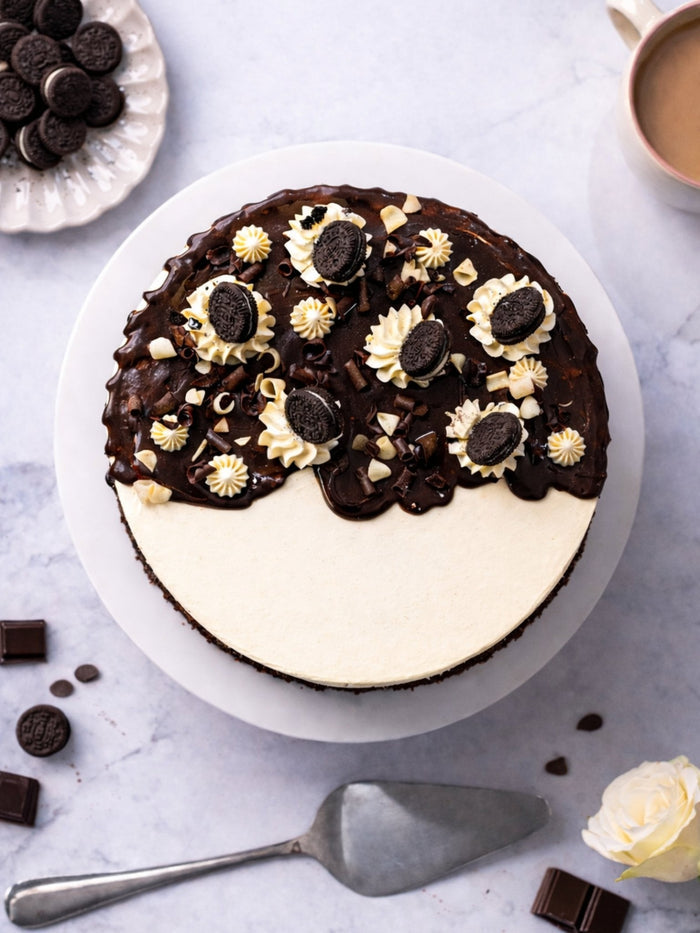 Overhead view of the Cookies and Cream Cake with biscuits and chocolate curls set into the ganache