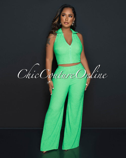 *Costelle Green Front Zipper Top & Wide Pants Textured Set