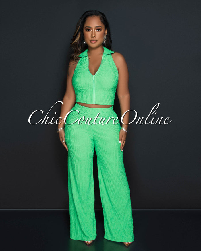 *Costelle Green Front Zipper Top & Wide Pants Textured Set