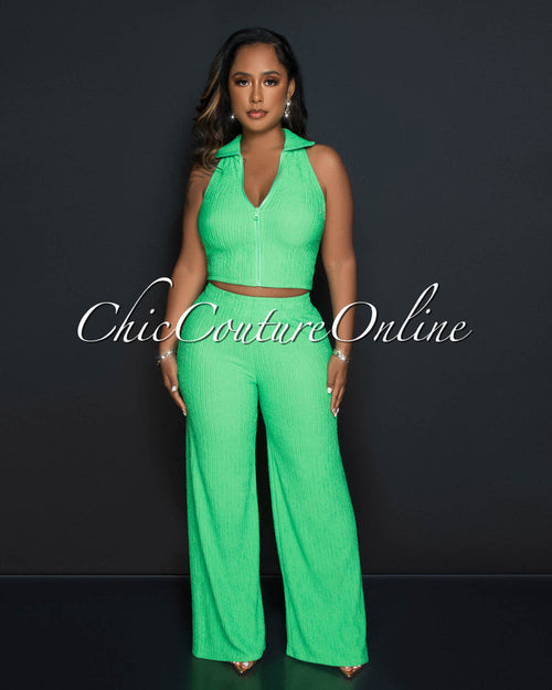 *Costelle Green Front Zipper Top & Wide Pants Textured Set