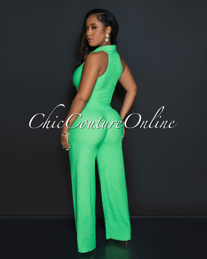 *Costelle Green Front Zipper Top & Wide Pants Textured Set
