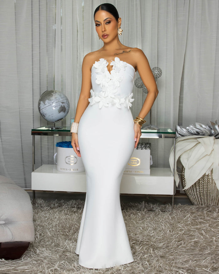 Danae Off-White Strapless Floral Applique Midi Dress