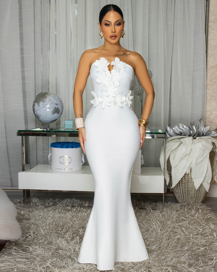 Danae Off-White Strapless Floral Applique Midi Dress