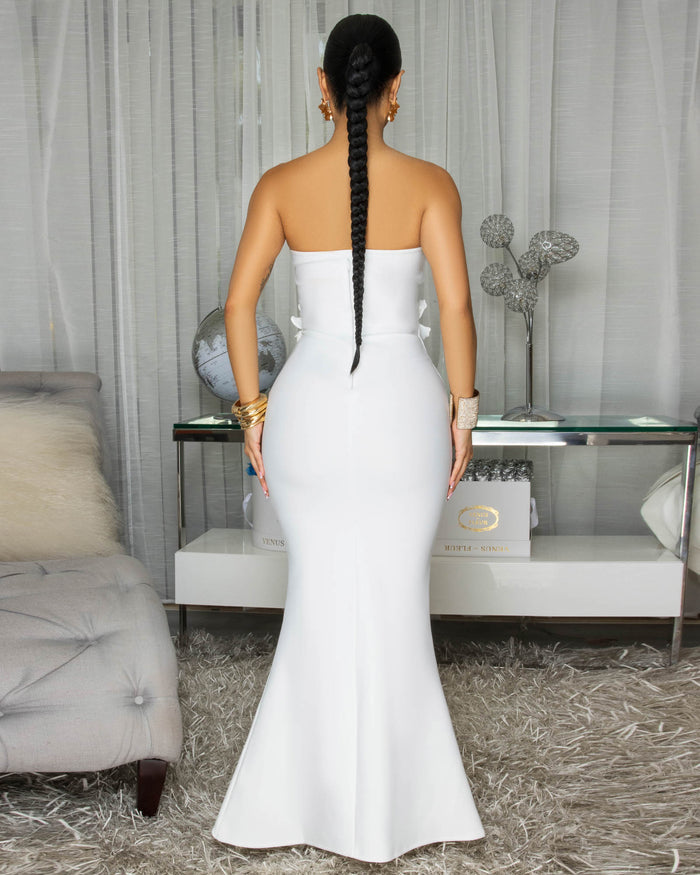 Danae Off-White Strapless Floral Applique Midi Dress
