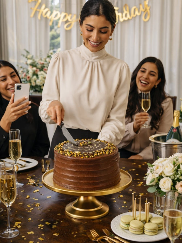 Woman cutting a Dubai style chocolate birthday cake as friends celebrate with champagne