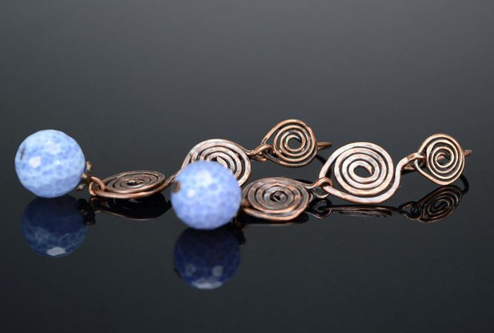 Earrings with blue agate, wire wrap technique