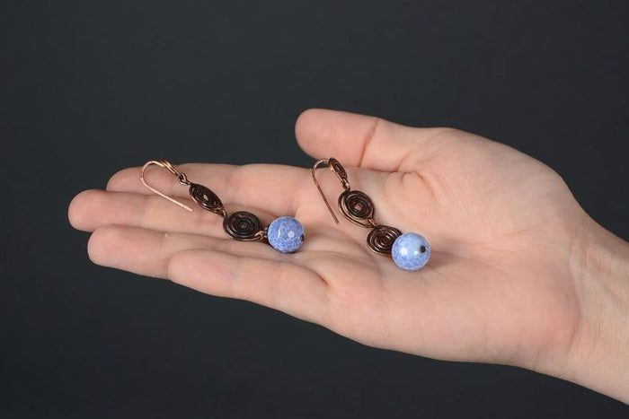 Earrings with blue agate, wire wrap technique
