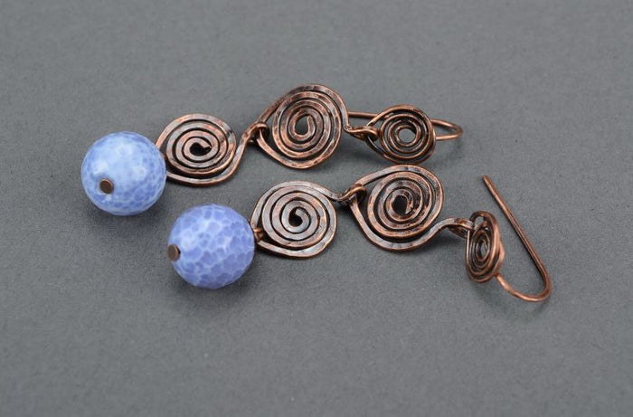 Earrings with blue agate, wire wrap technique