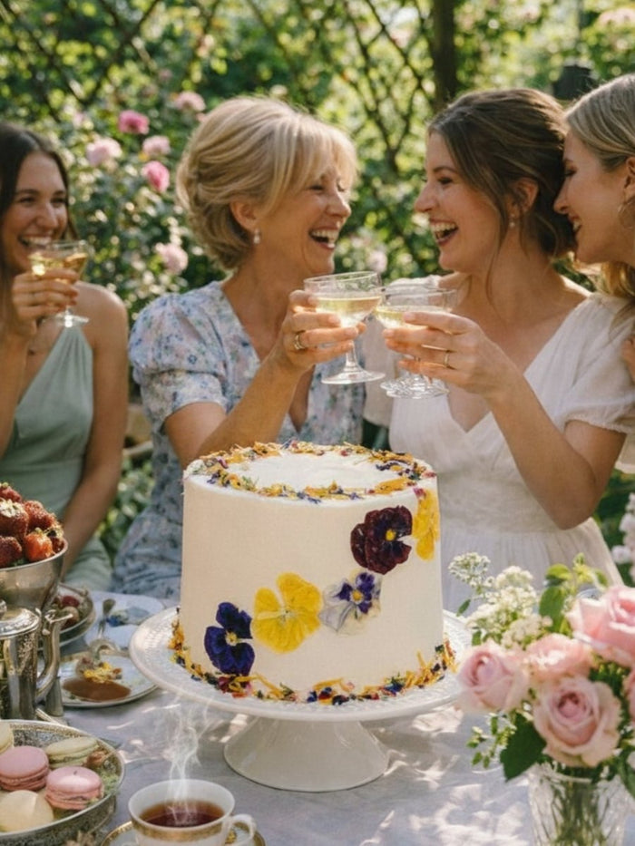 Women toasting in a summer garden with the Elderflower and Rose Garden Cake on the table