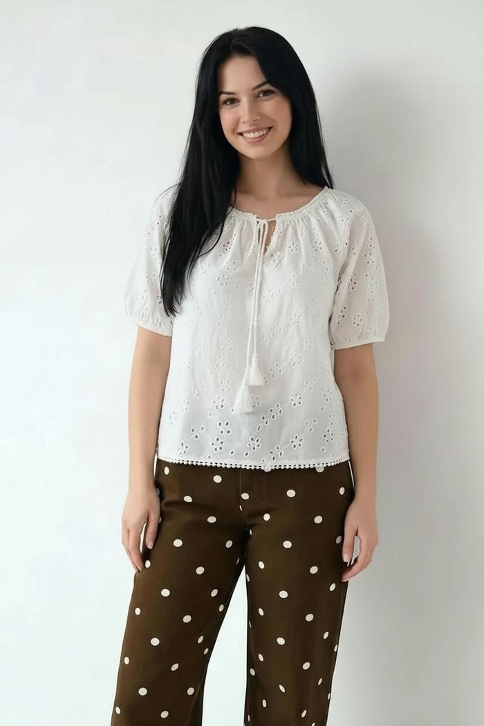 Embroidered Tie-Up Neck Puff Sleeve Cotton Blend Off White Top