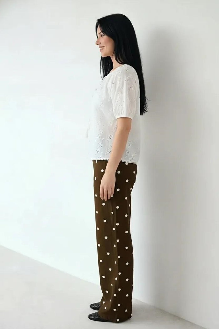 Embroidered Tie-Up Neck Puff Sleeve Cotton Blend Off White Top