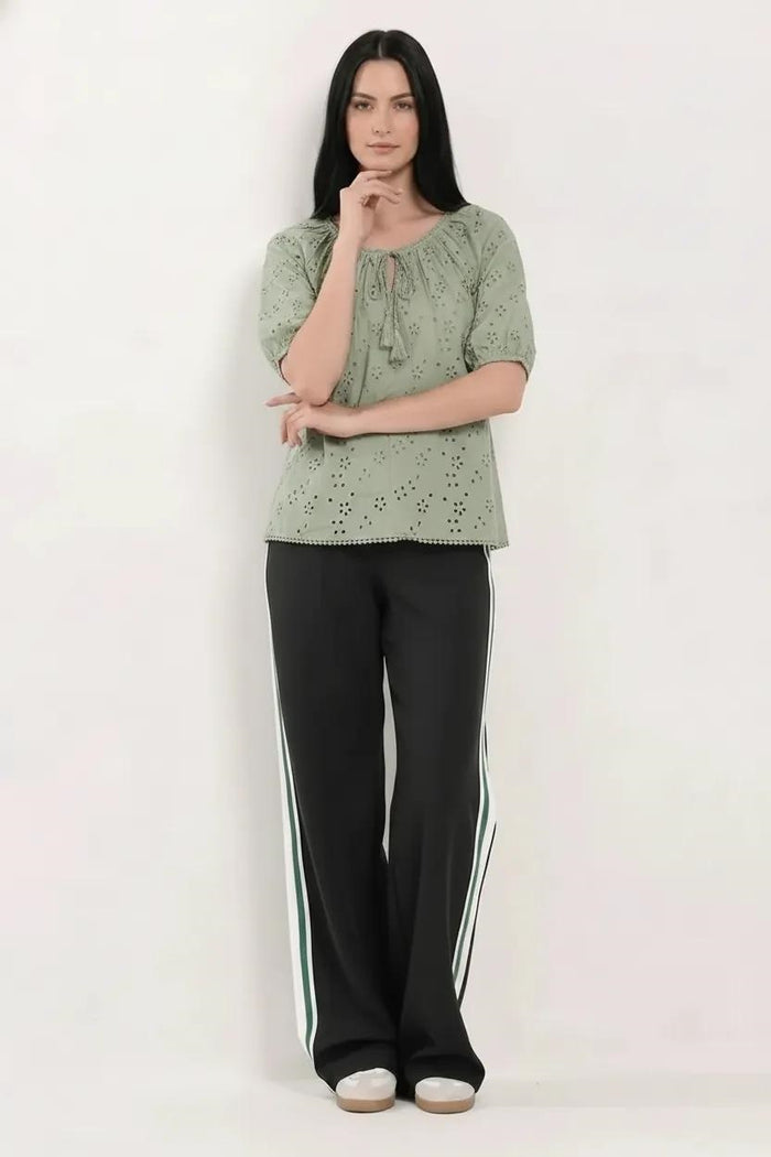 Embroidered Tie-Up Neck Puff Sleeve Cotton Blend Sage Top