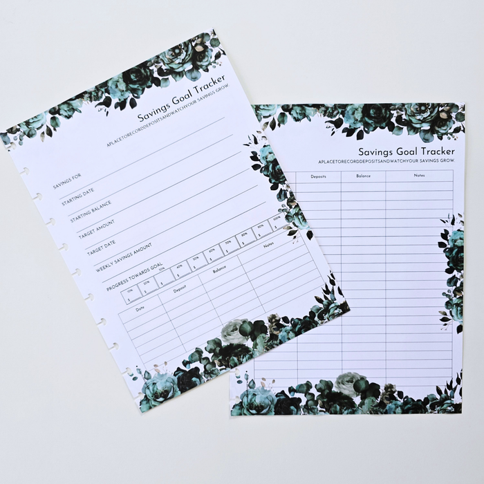 Two floral discbound planner inserts for a savings goal tracker, one shown as a spiral-bound page and the other as a flat sheet, both decorated with green and blue watercolor eucalyptus leaves on a white background. Disc Bound Planner.