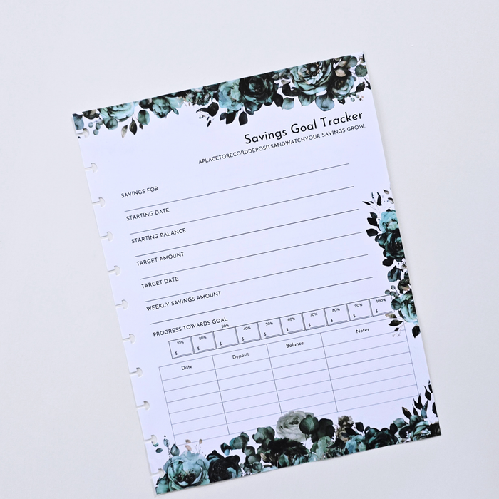 A discbound Savings Goal Tracker notebook page with a white background, black text fields, and teal and green floral illustrations along the top and bottom borders, shown on a light gray background. Disc Bound Planner.