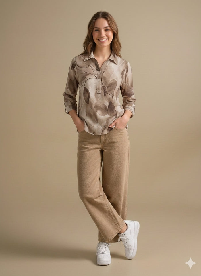 Floral Print Roll-Up Sleeves Cotton Blend Tobacco Top