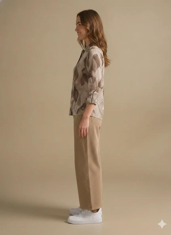Floral Print Roll-Up Sleeves Cotton Blend Tobacco Top