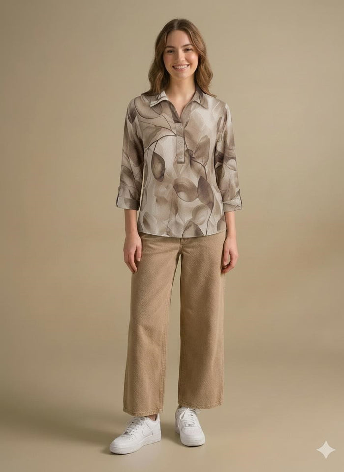 Floral Print Roll-Up Sleeves Cotton Blend Tobacco Top