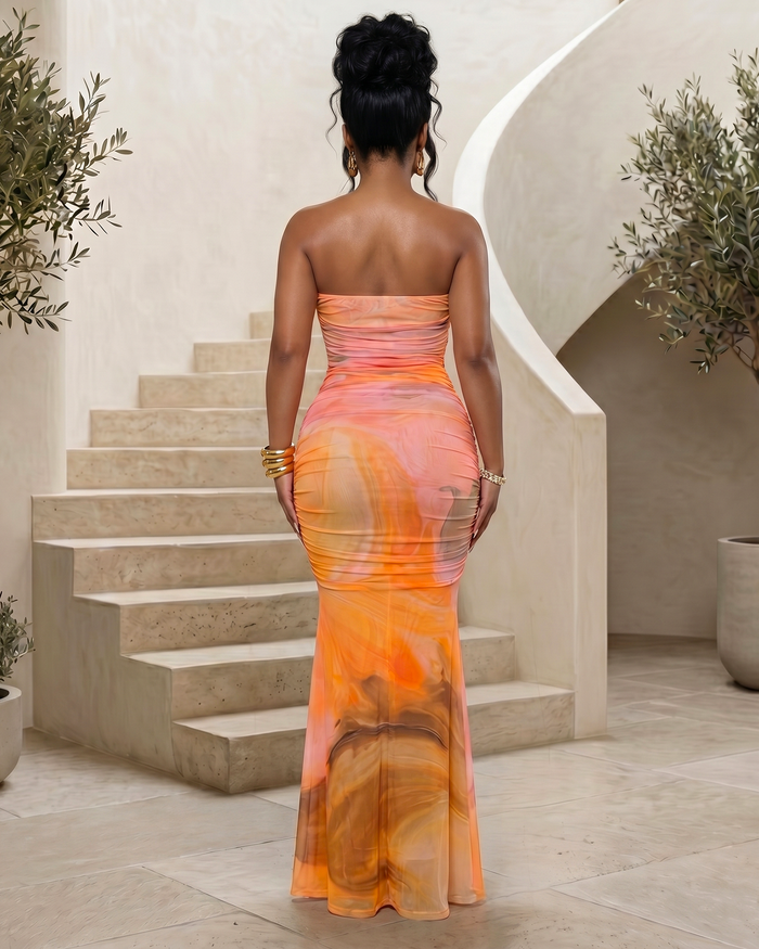Genesis Orange Pink Multi-Color Floral Watercolor Mesh Maxi Dress
