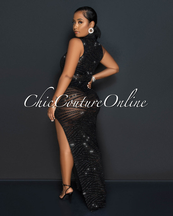 *Gina Black Mesh Sheer Zebra Print Shimmer Maxi Dress