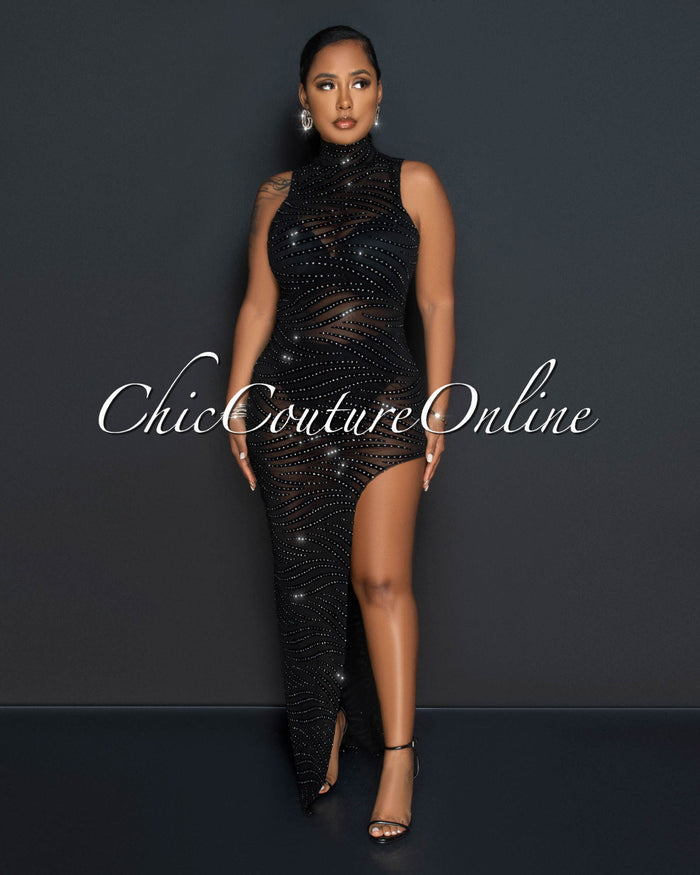 *Gina Black Mesh Sheer Zebra Print Shimmer Maxi Dress