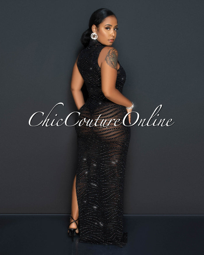 *Gina Black Mesh Sheer Zebra Print Shimmer Maxi Dress